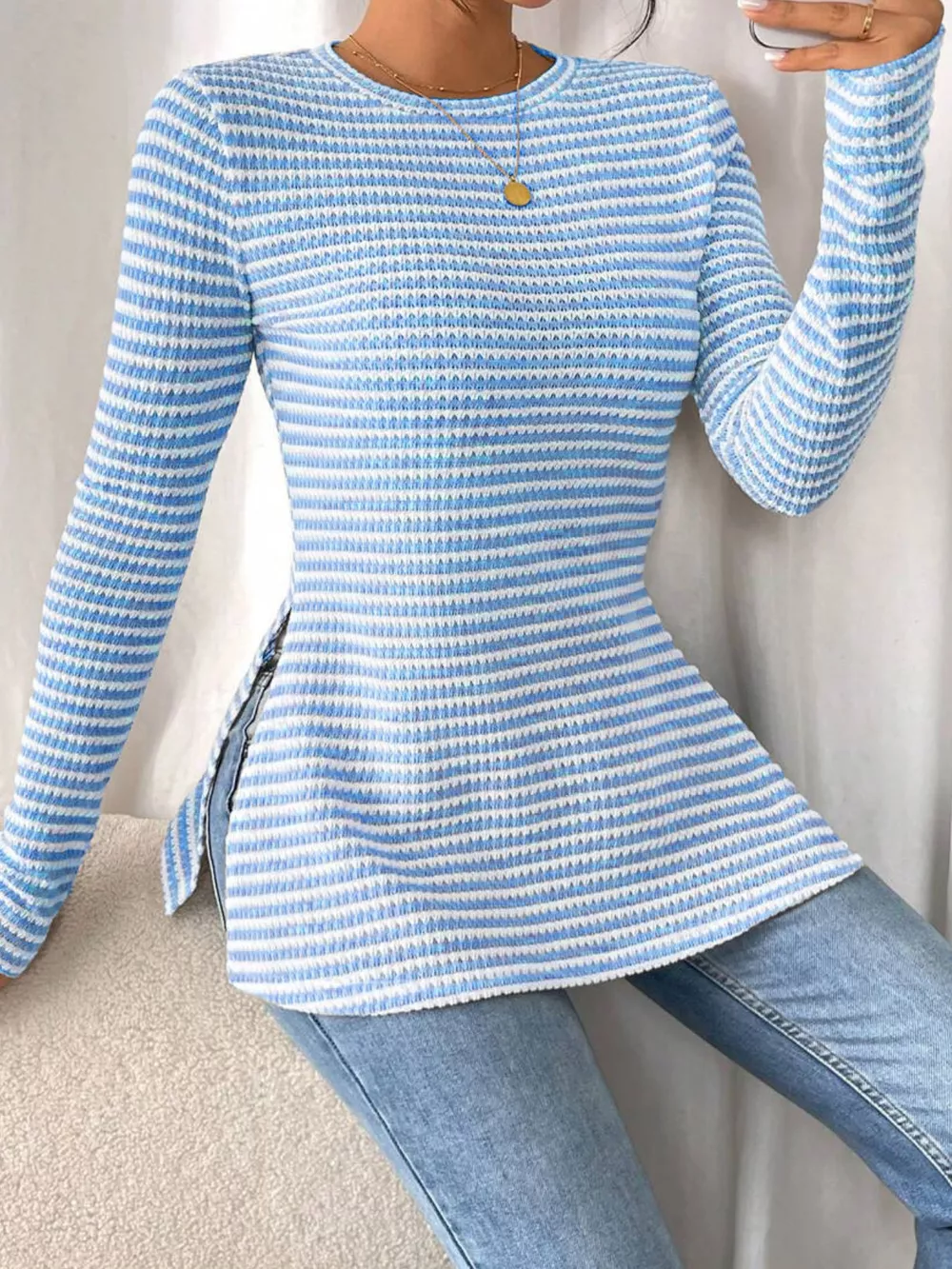 Slit Striped Long Sleeve Casual T-Shirt, image 18
