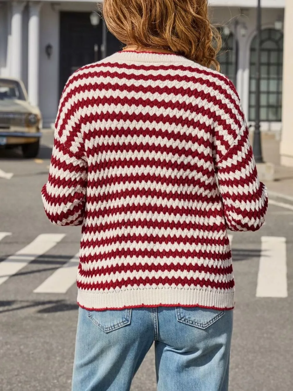 Striped Zigzag Knit Round Neck Sweater, image 7