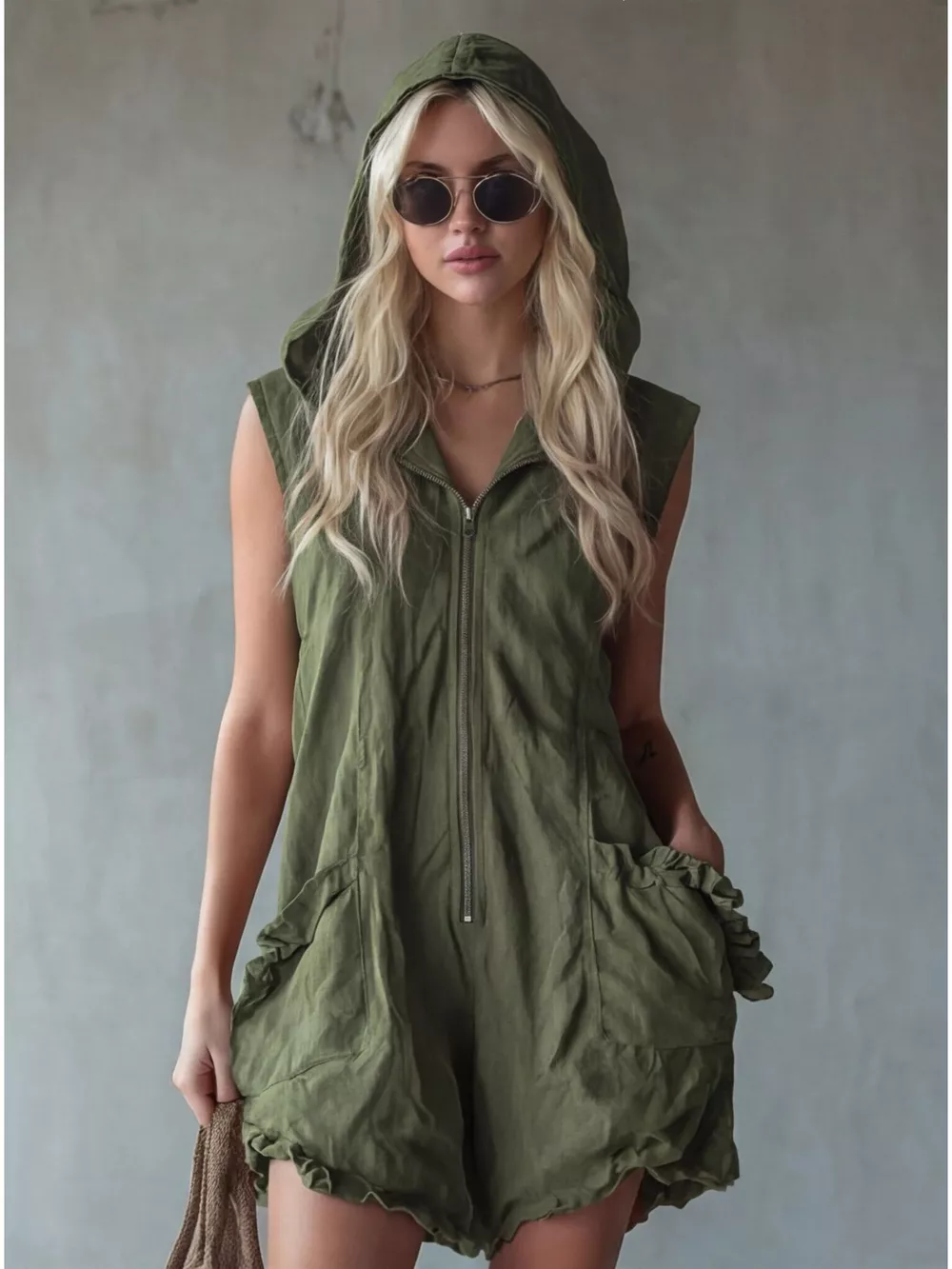 Full Size Hooded Sleeveless Zipper Romper with Ruffled Pockets Plus Size, image 8