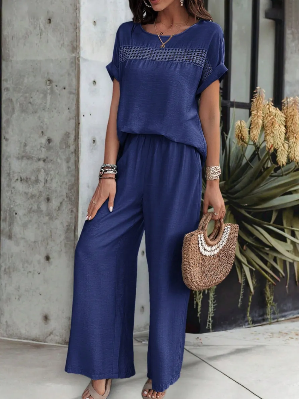 Round Neck Short Sleeve Top and Pants Set, image 6