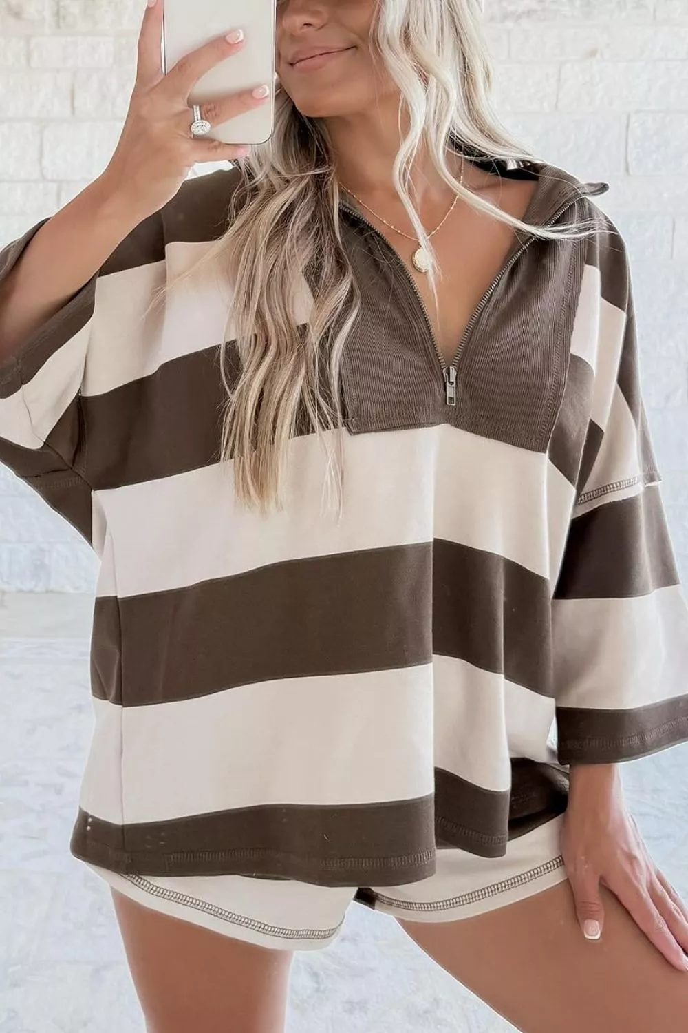 Striped Color Block Zip Collar 3/4 Sleeve Oversize Sweatshirt, image 2