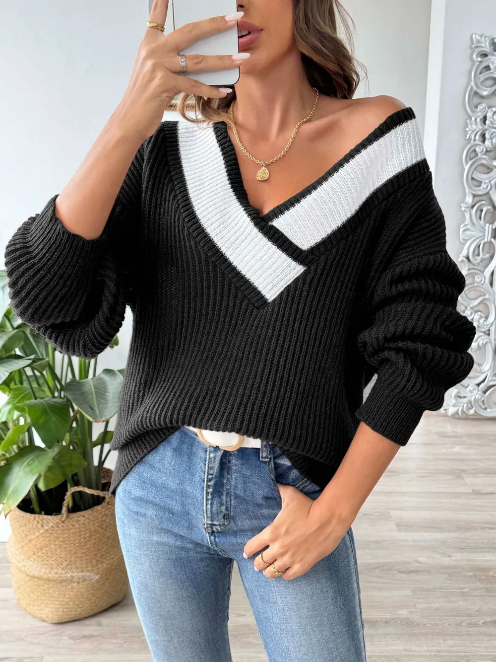 Contrast Dropped Shoulder Long Sleeve Sweater, image 9