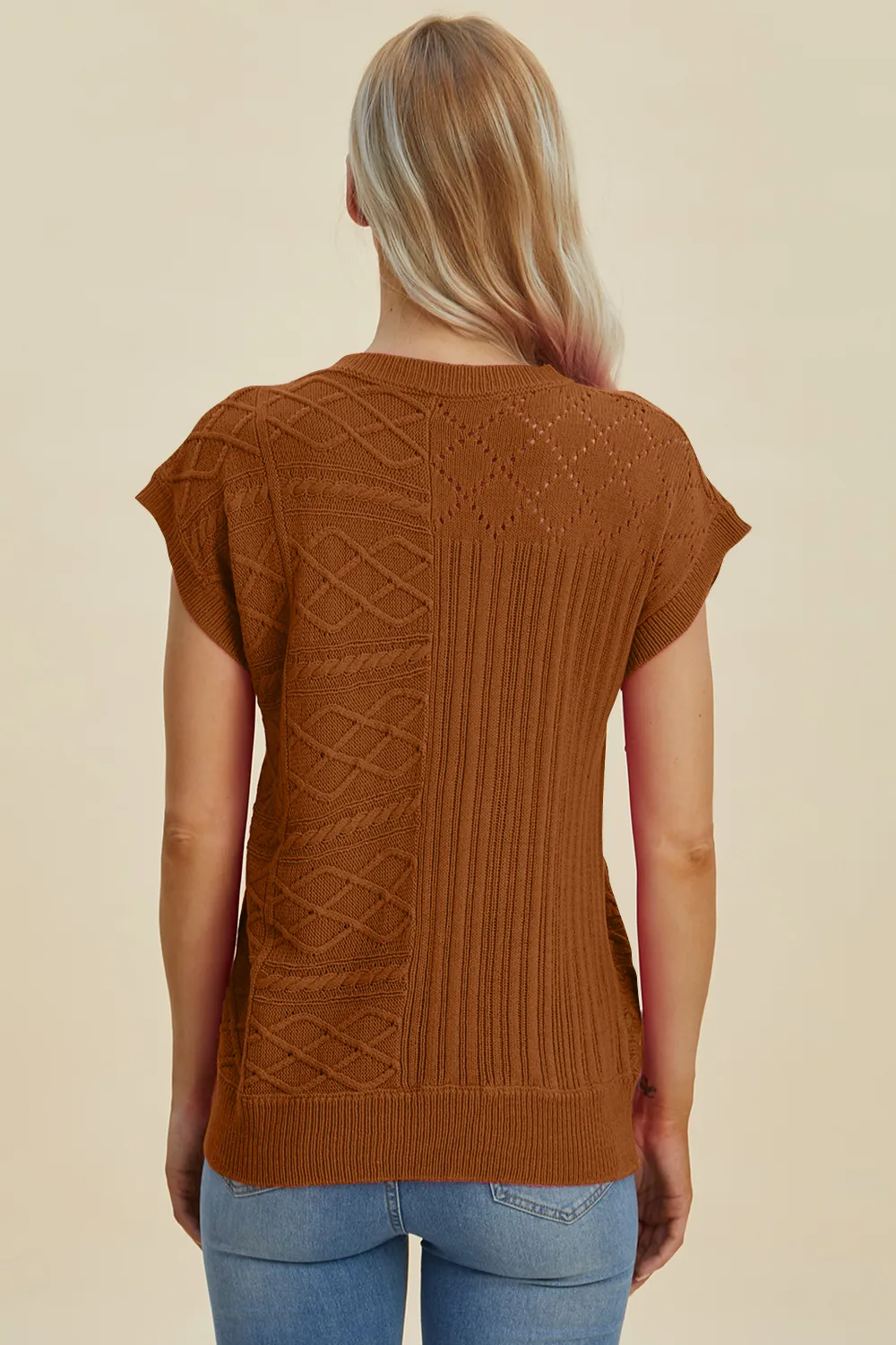 Full Size Cable-Knit Round Neck Cap Sleeve Sweater, image 32