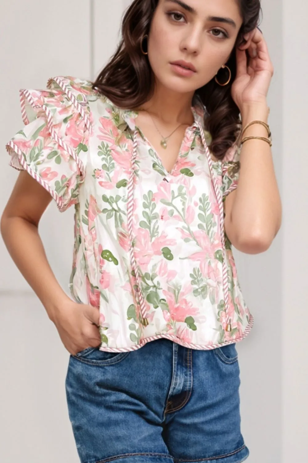 Floral Print Flutter Sleeve Tie Neck Blouse, image 3