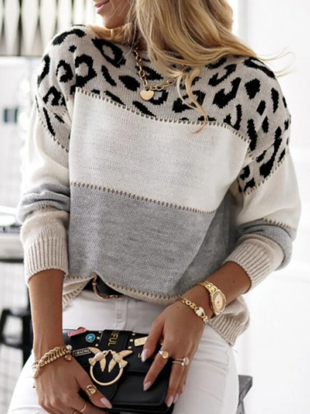 Leopard Color Block Round Neck Long Sleeve Sweater, image 4