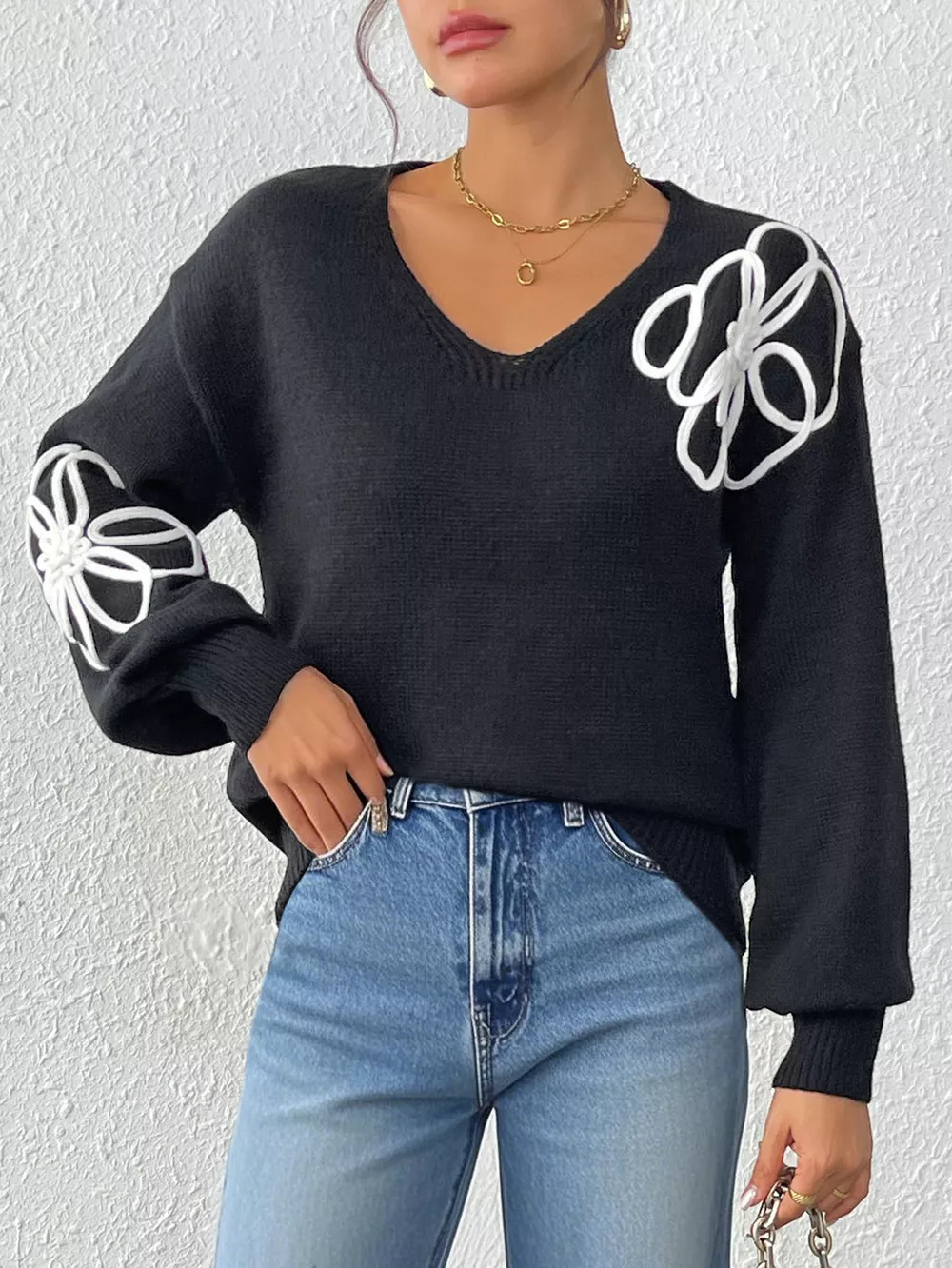 Flower V-Neck Long Sleeve Sweater, image 6