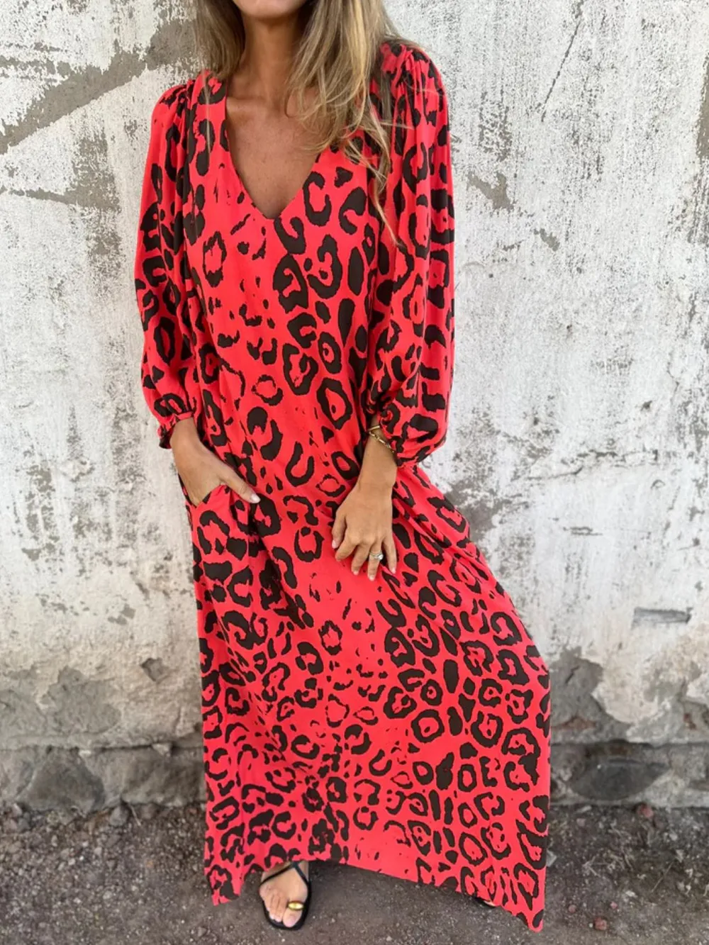 Full Size Printed V-Neck Dress with Pockets Plus Size, image 36