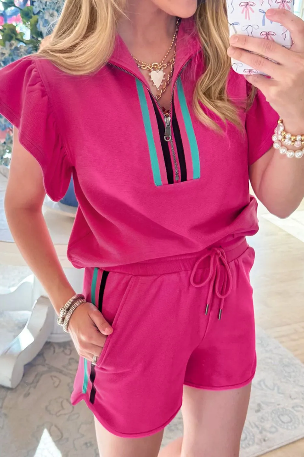 Striped Detail Flutter Sleeve Zipped Collar Top and Short Set, image 15
