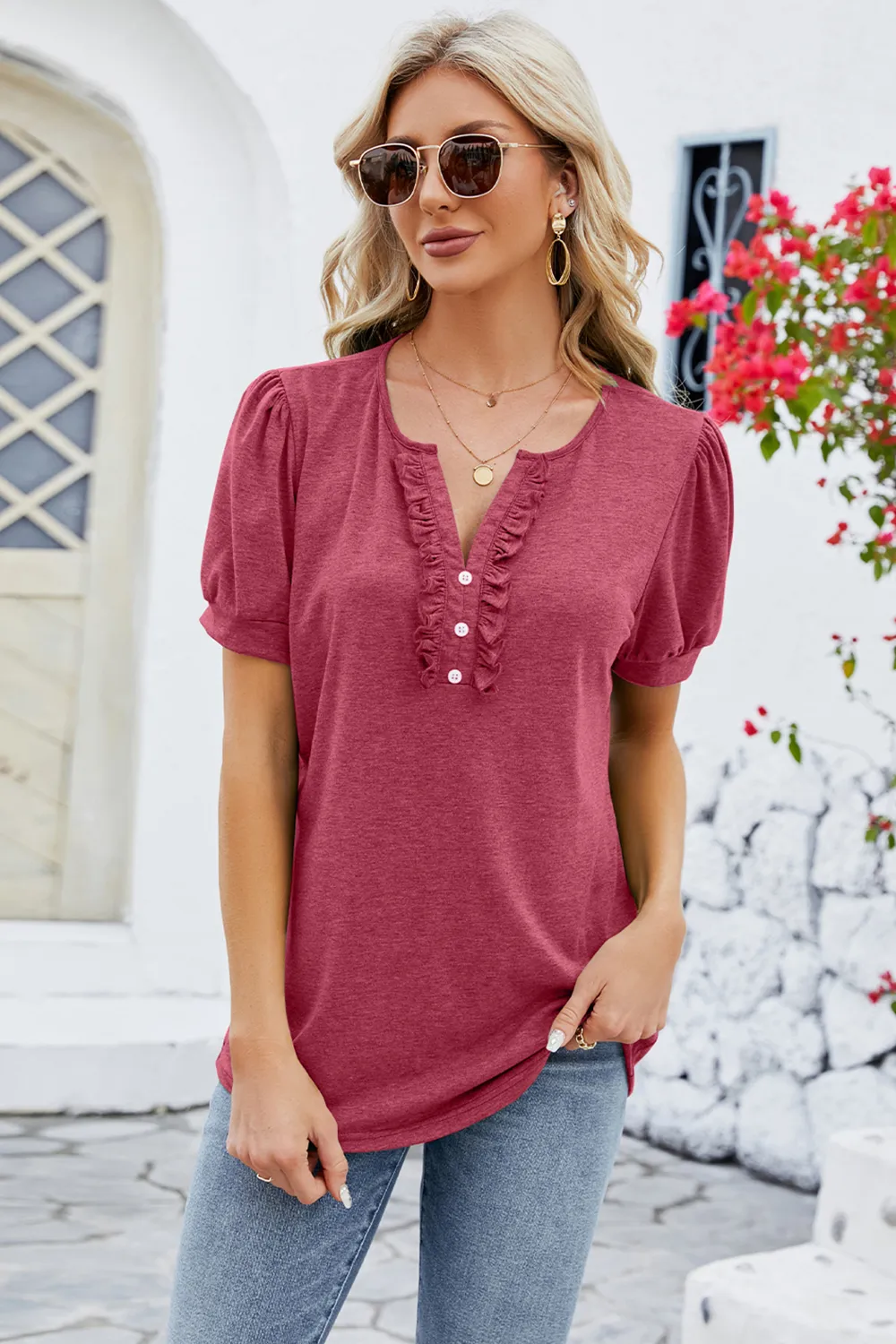 Frill Notched Short Sleeve Blouse, image 14
