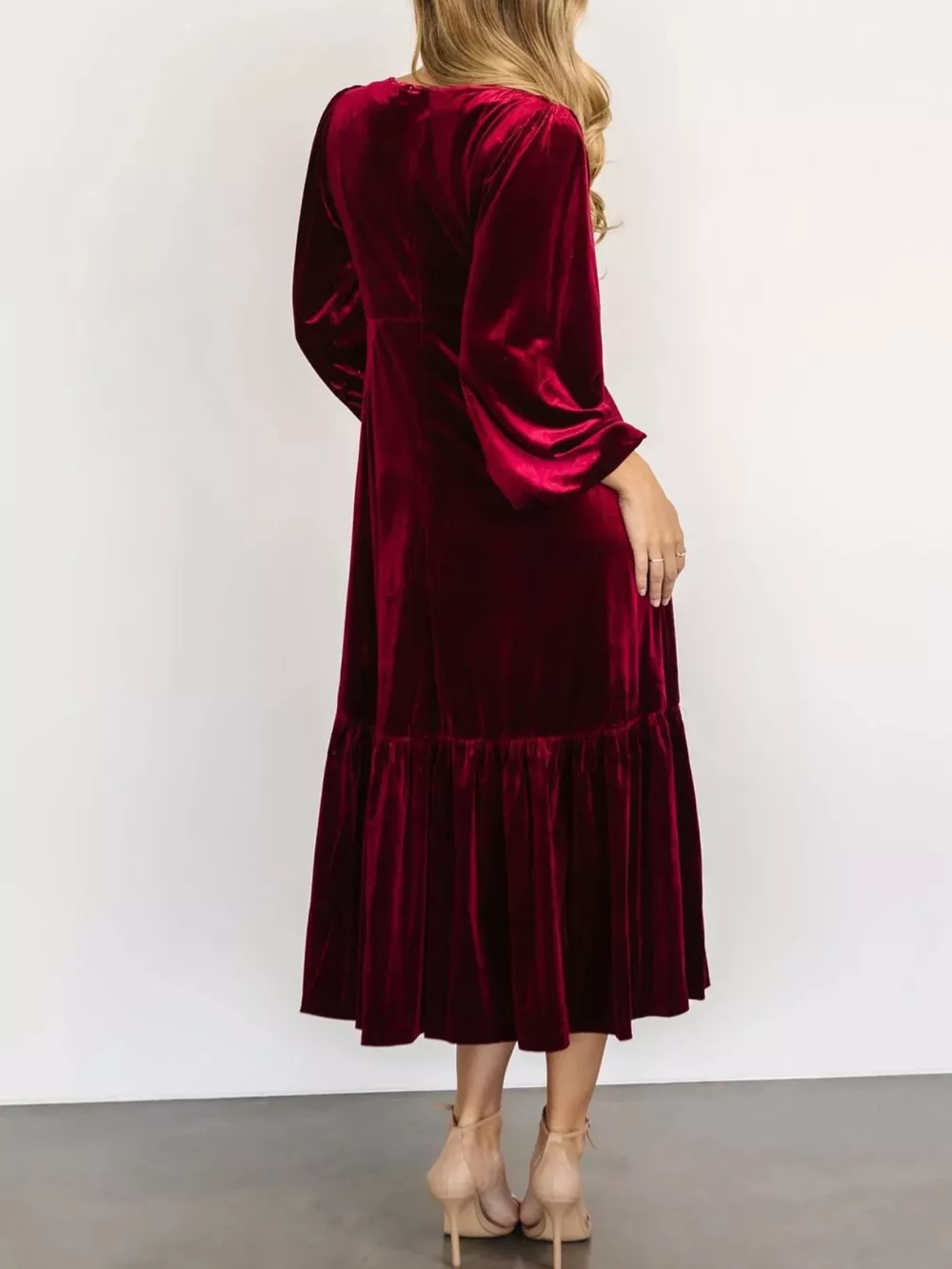 Velvet Tiered Long Sleeve Midi Dress, image 20