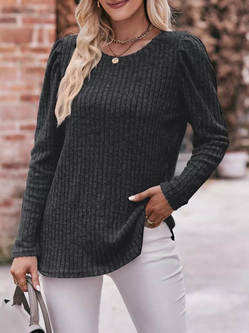 Ribbed Knit Puff Sleeve T-Shirt, image 11
