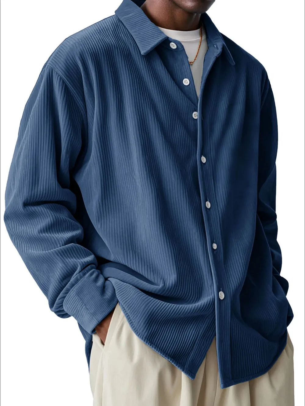 Men's Full Size Textured Button-Down Corduroy Shirt Plus Size, image 4
