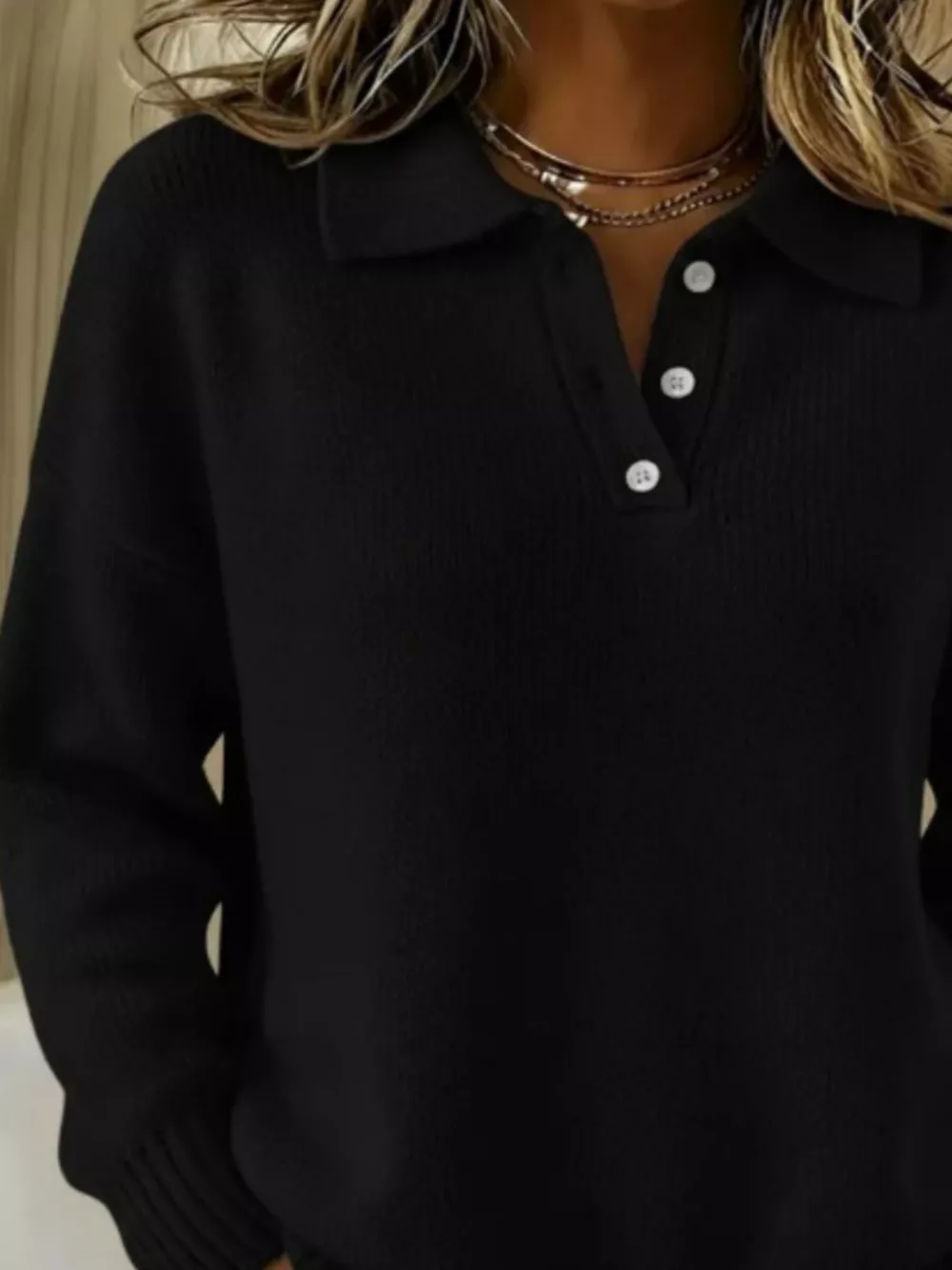Full Size Half Button Collar Drop Shoulder Sweater Plus Size, image 15