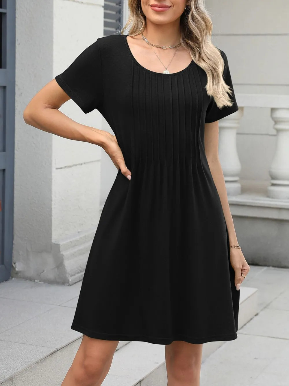 Pleated Front Round Neck Swing Dress, image 22