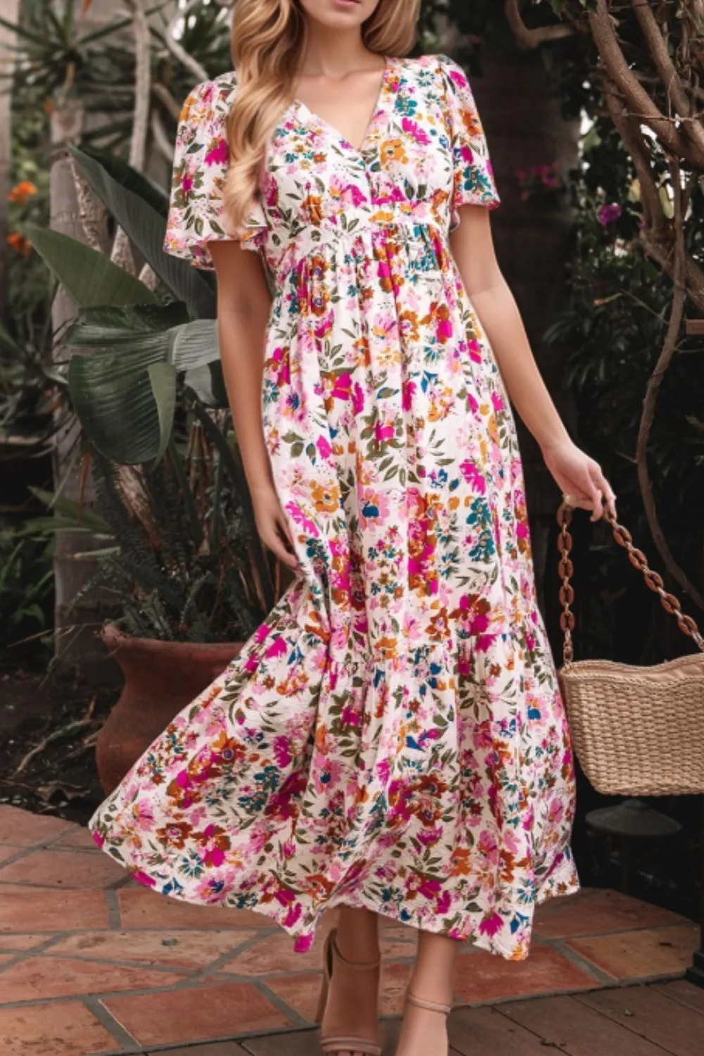 Floral Short Sleeve V Neck Dress with Pockets, image 14