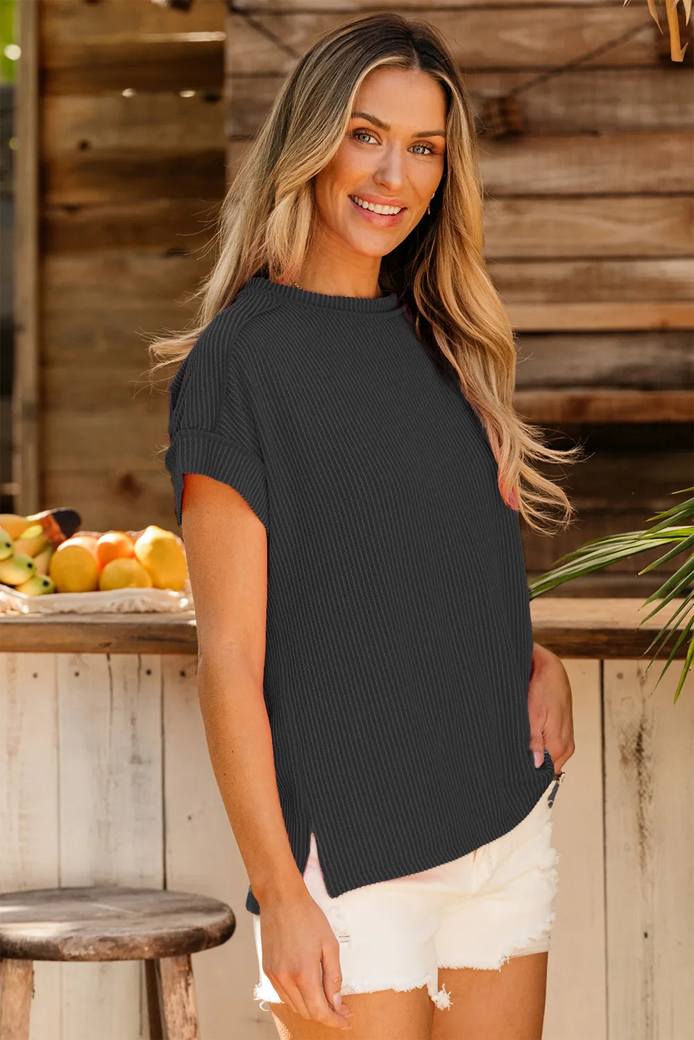 Exposed Seam Round Neck Short Sleeve T-Shirt, image 11