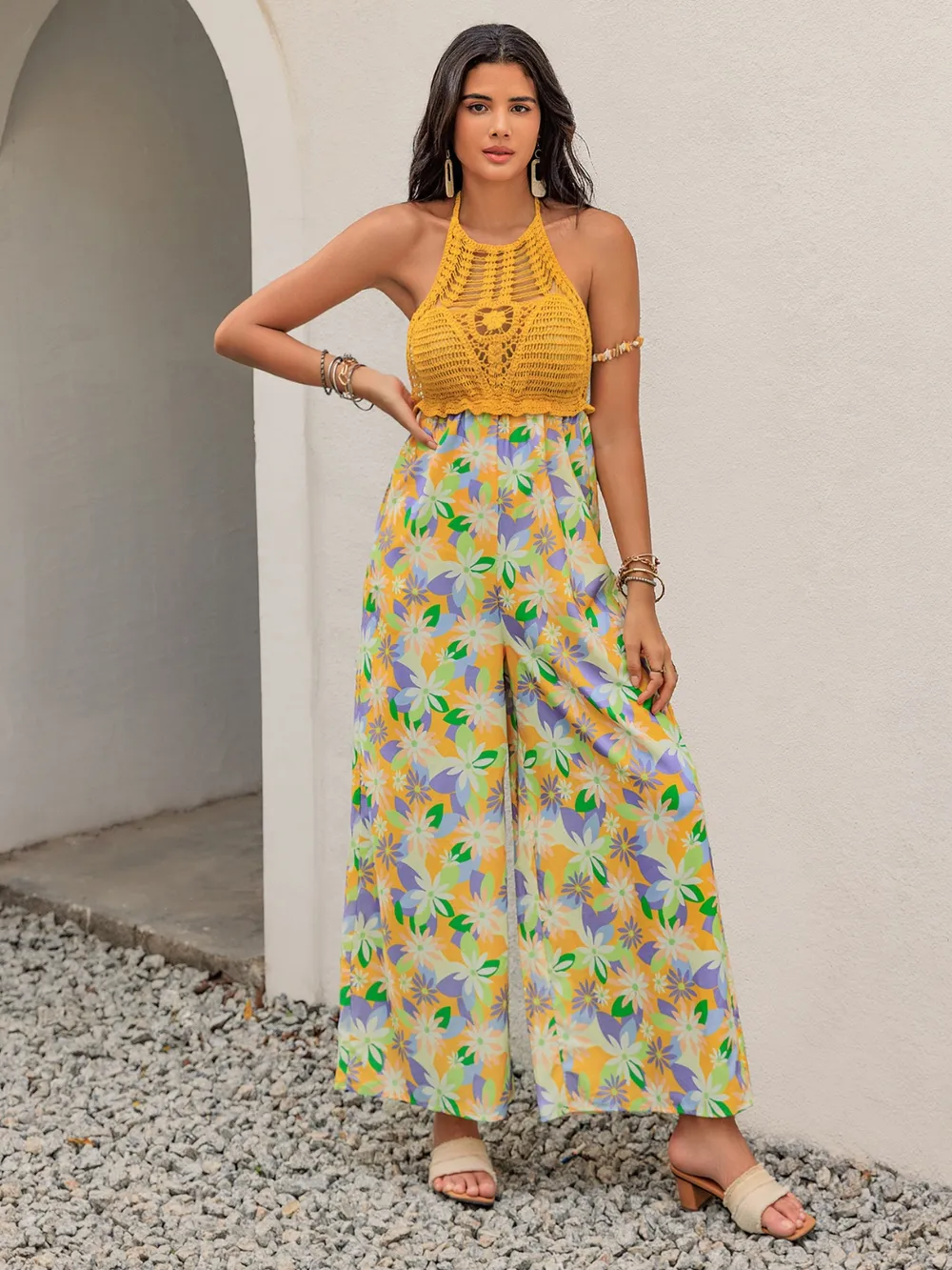 Openwork Halter Neck Floral Wide Leg Jumpsuit, image 8