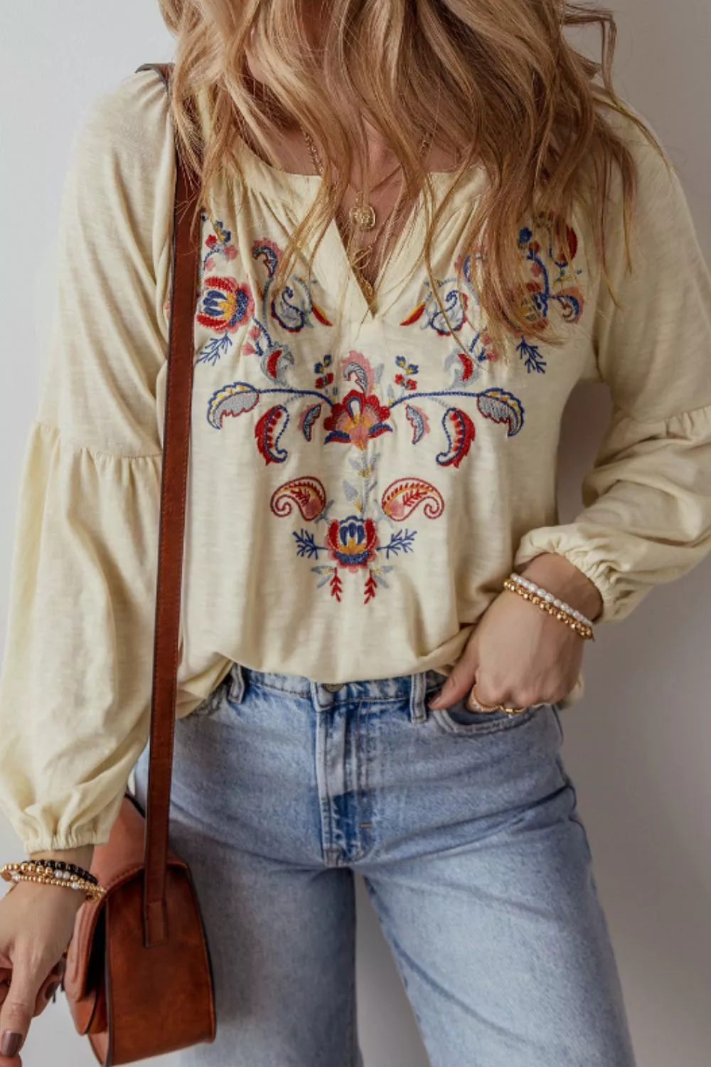 Embroidered Notched Long Sleeve Blouse, image 5