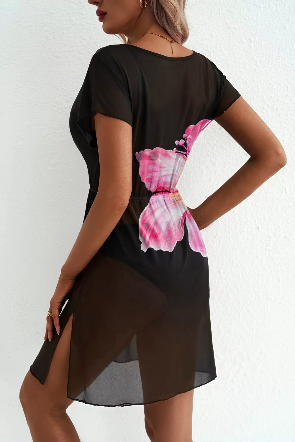 e Floral Print V Neck Semi Sheer Beach Cover Up Dress, image 2
