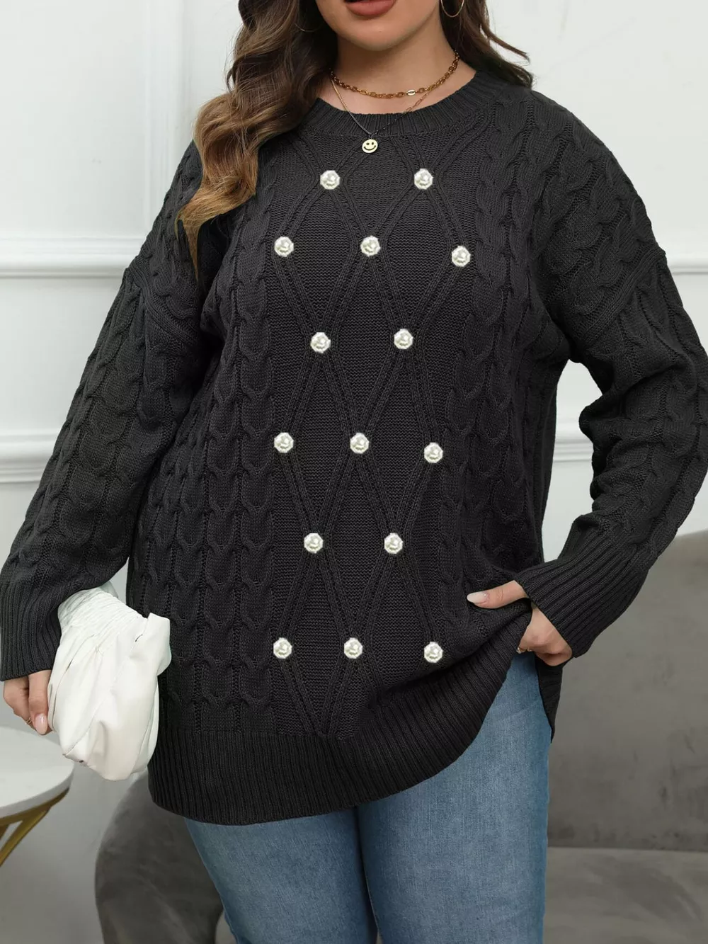 Plus Size Cable Knit Dropped Shoulder Sweater, image 7