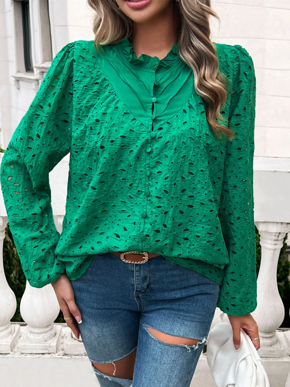 Frill Round Neck Long Sleeve Shirt, image 19