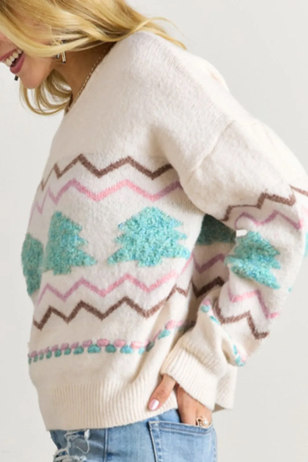 Christmas Tree Ribbed Hem Dropped Shoulder Sweater, image 11
