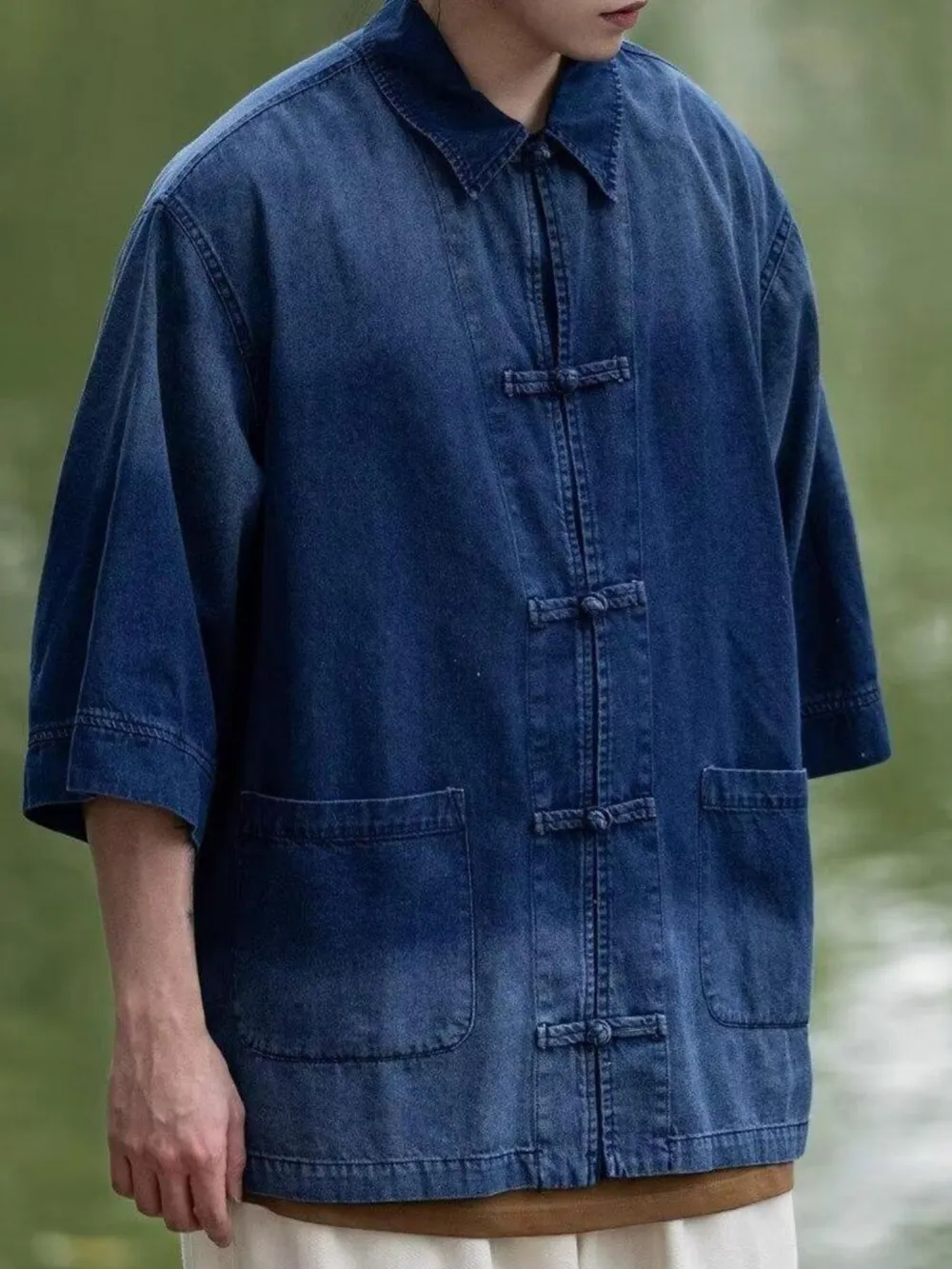 Men's Full Size Oversized 3/4 Sleeve Denim Shirt Plus Size, image 5