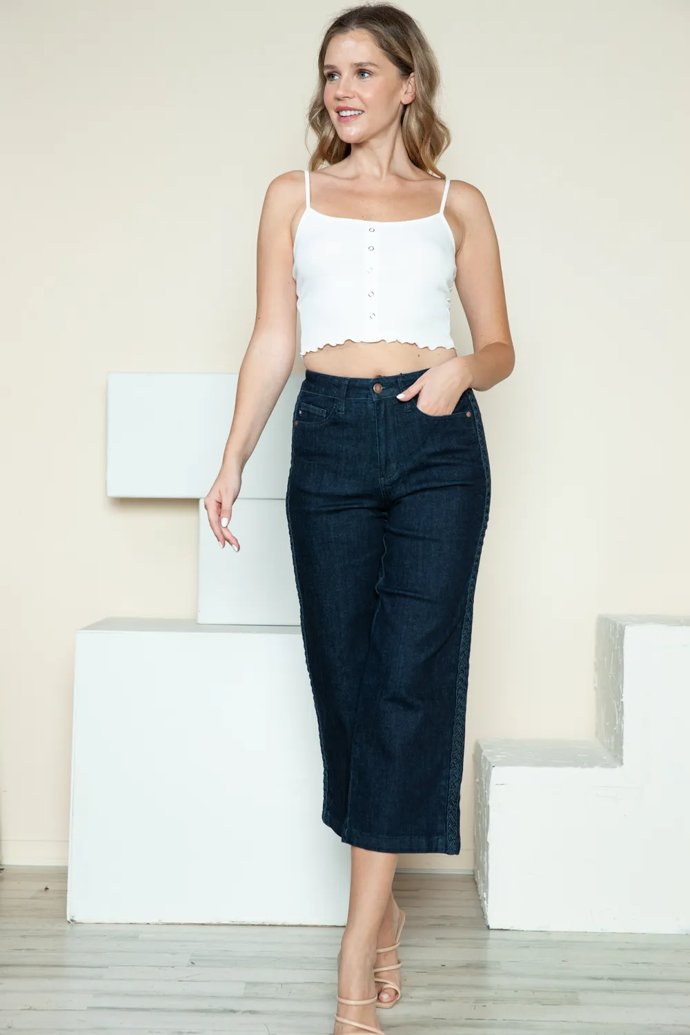 Full Size Side Seam Braid Detail Crop Wide Leg Jeans, image 18