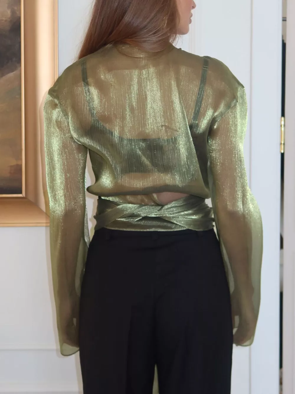 Sheer Front Tie Detail Long Sleeve Shirt, image 6