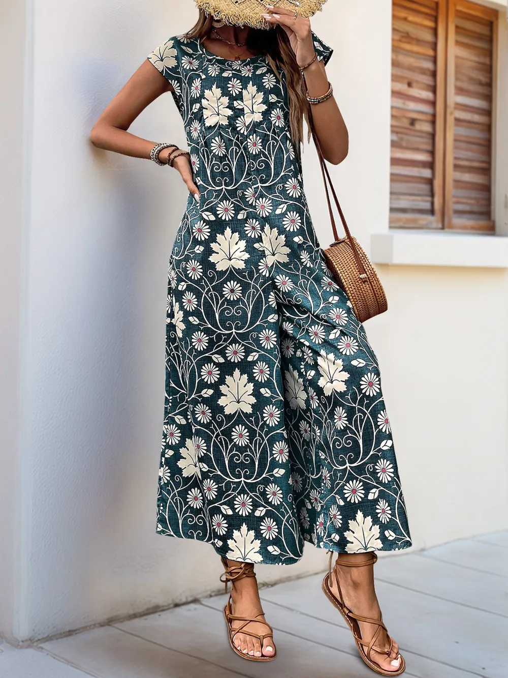 Printed Round Neck Cap Sleeve Wide Leg Jumpsuit, image 19
