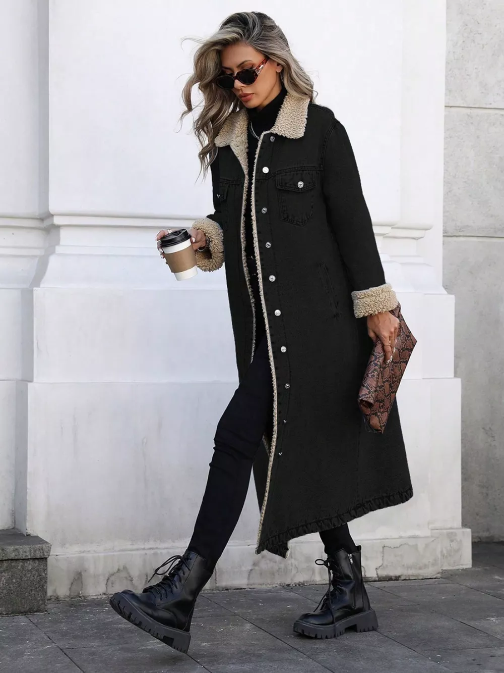 Sherpa Lined Longline Denim Jacket, image 25