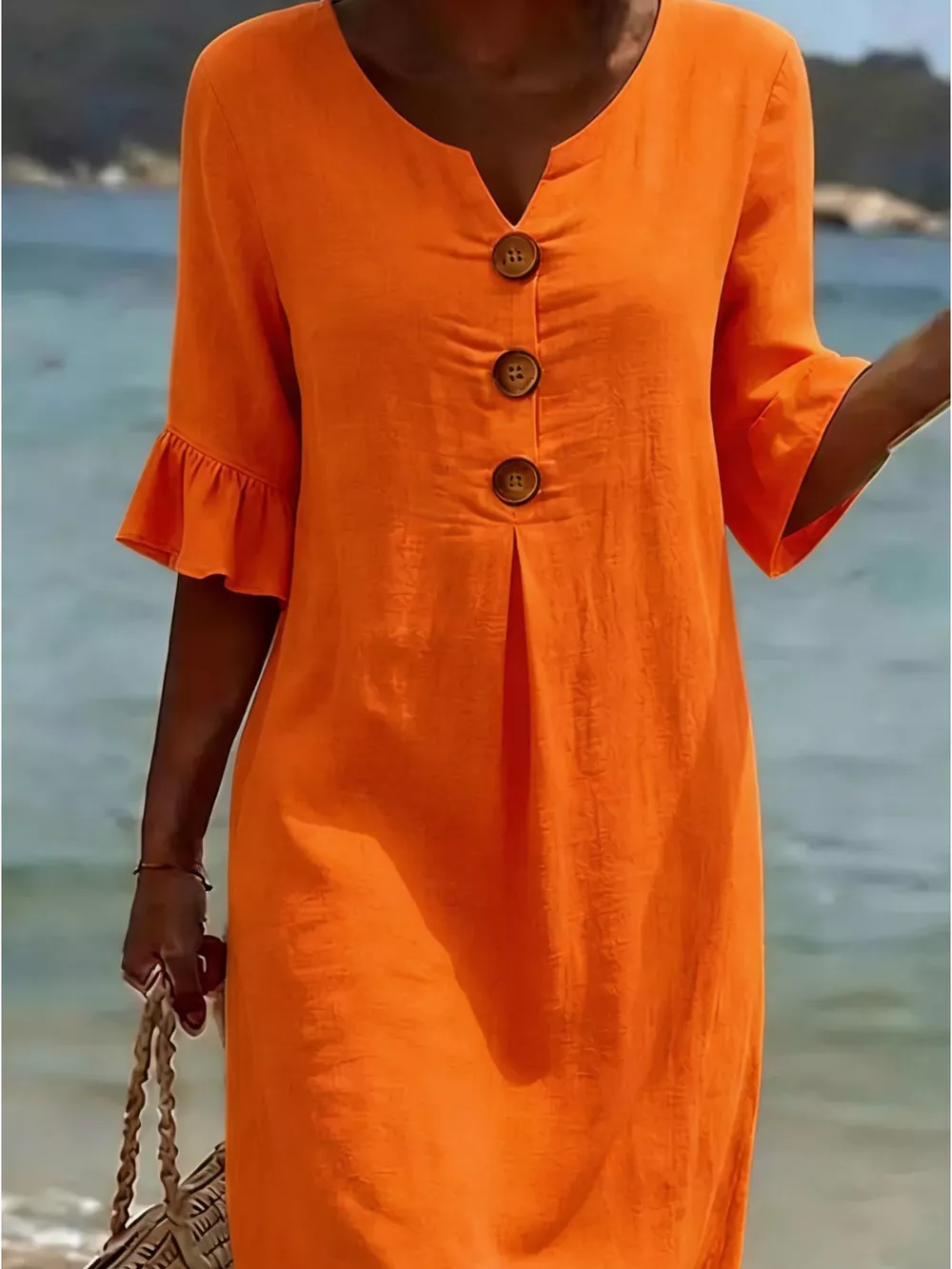 Full Size Button Decor Flounce Sleeve Dress Plus Size, image 11