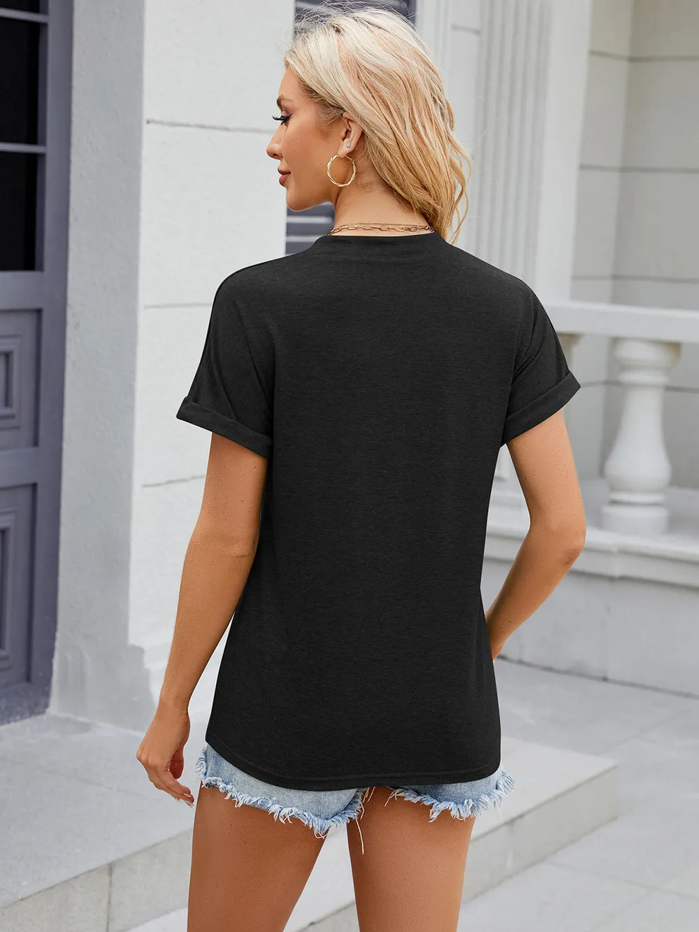 Decorative Button Notched Short Sleeve T-Shirt, image 18