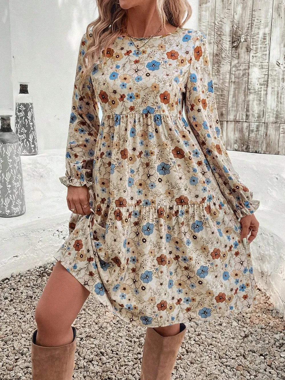 Tiered Floral Round Neck Long Sleeve Dress, image 2