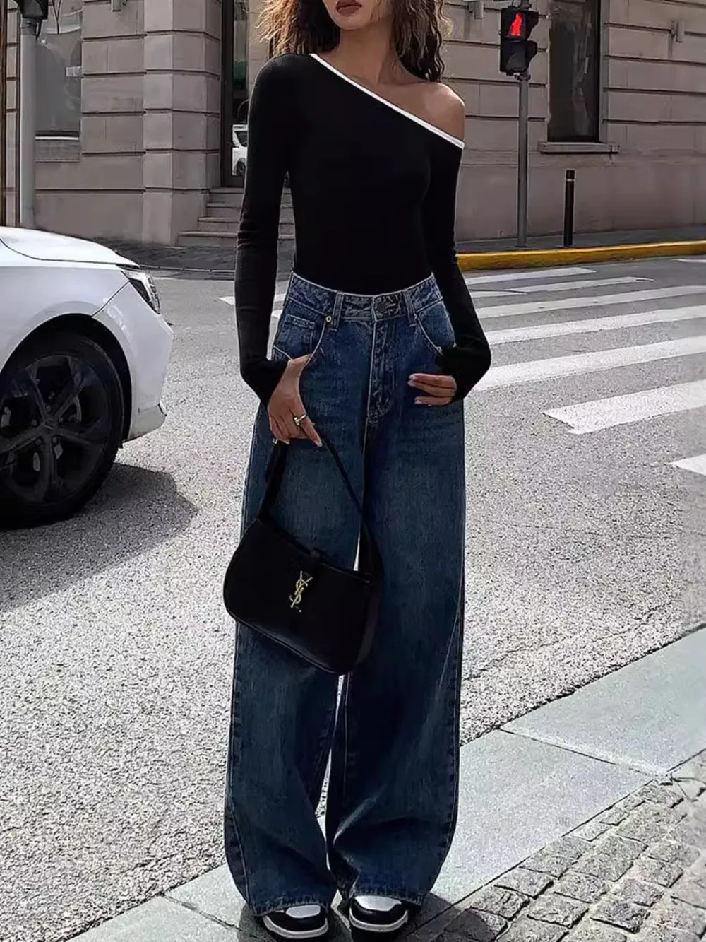 Contrast Trim One Shoulder Long Sleeve T-Shirt, image 4