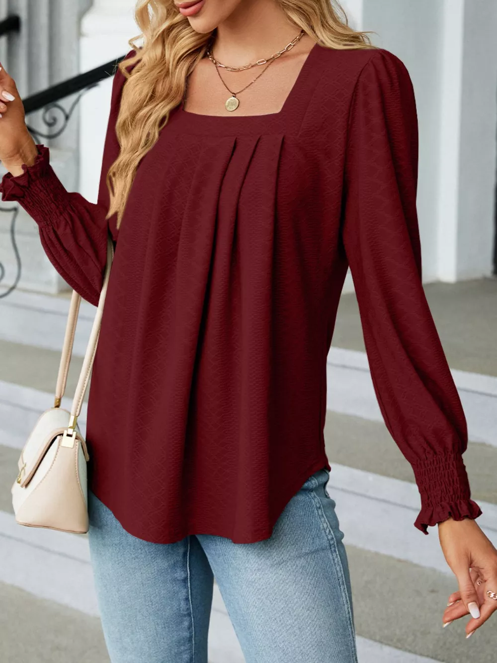 Pleated Square Neck Long Sleeve Top, image 9