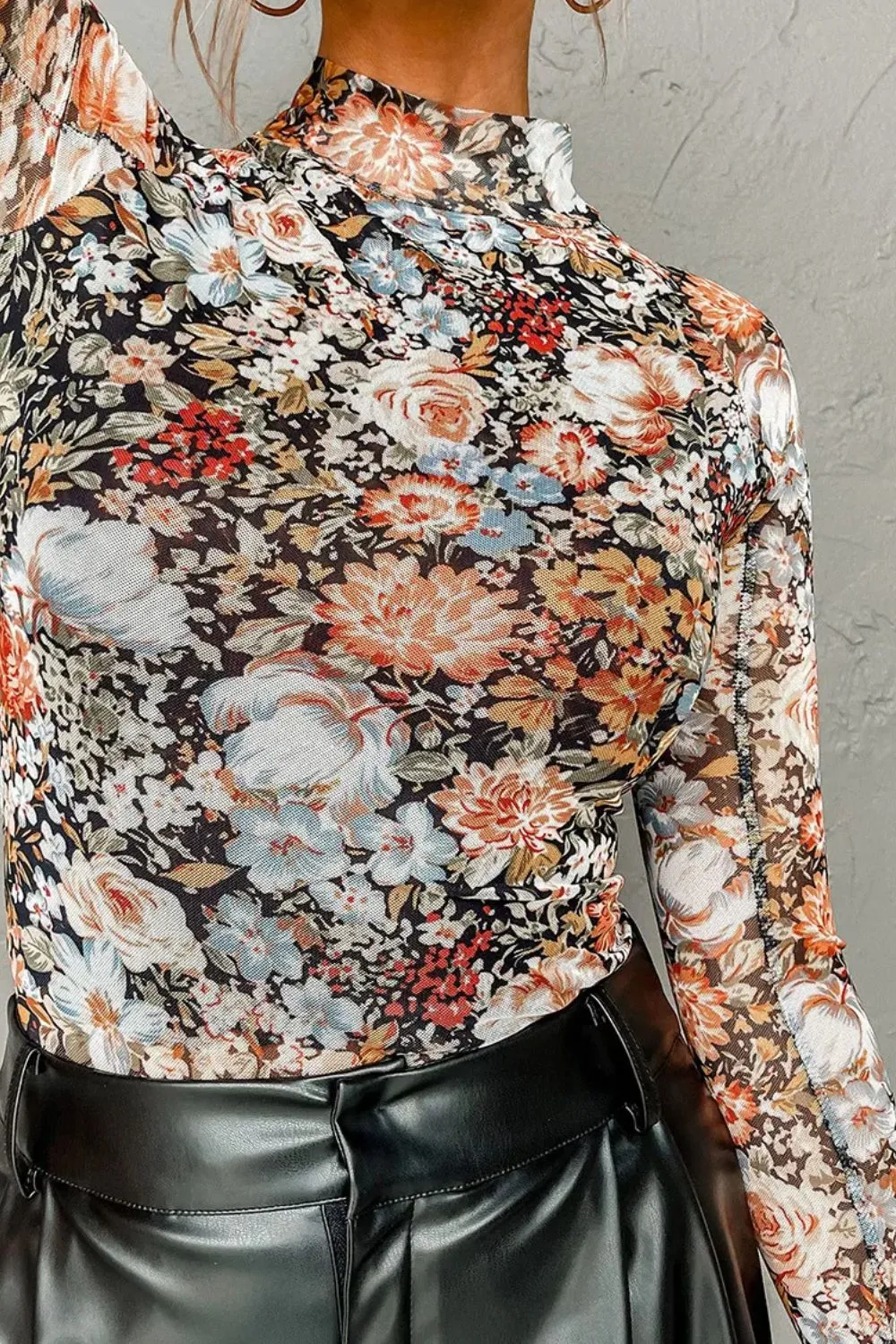 Floral Mock Neck Long Sleeve Top, image 3