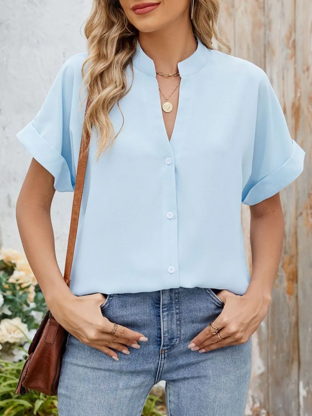Notched Short Sleeve Blouse, image 32