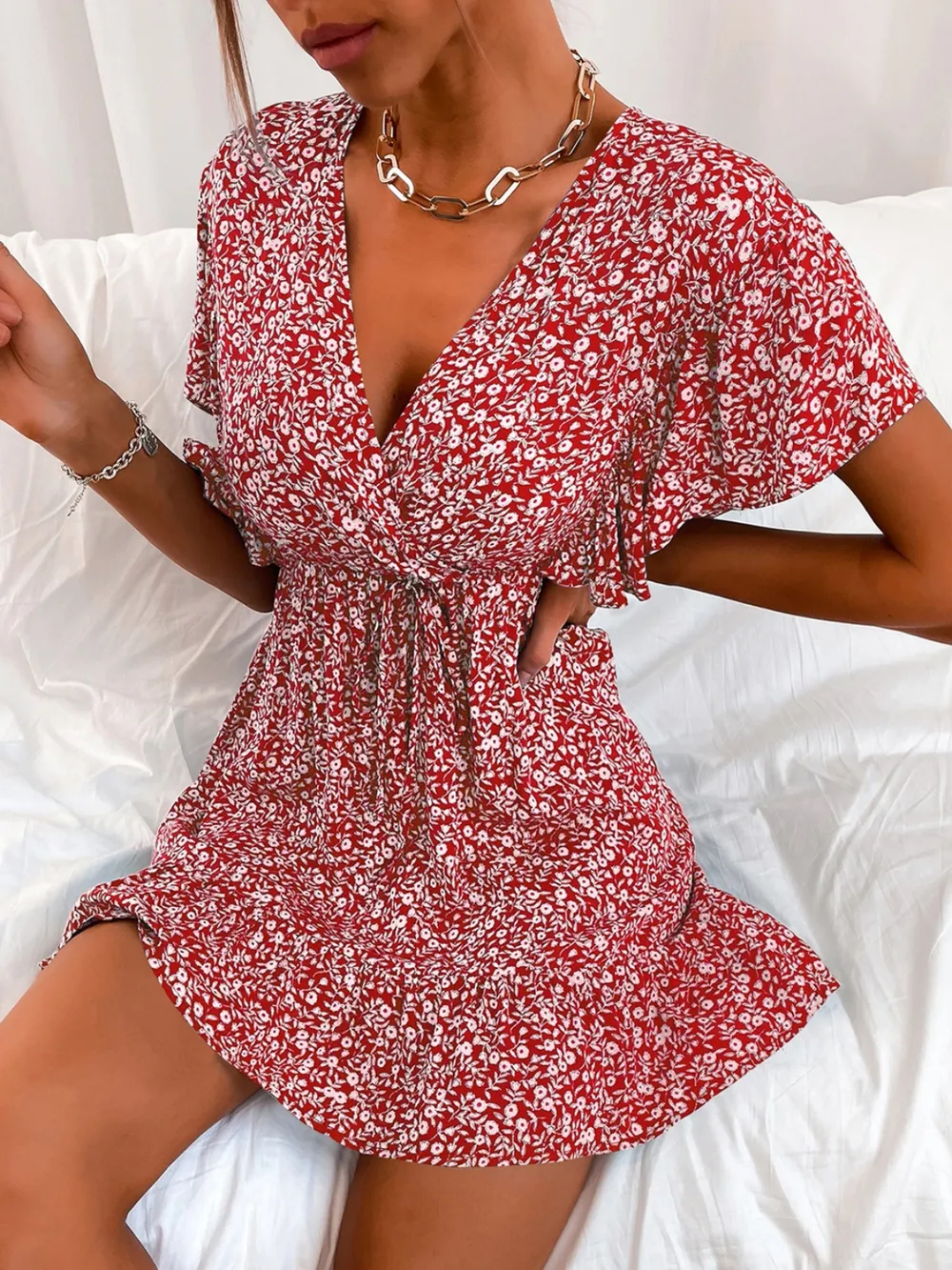 Cutout Ditsy Floral Surplice Flounce Sleeve Dress, image 9