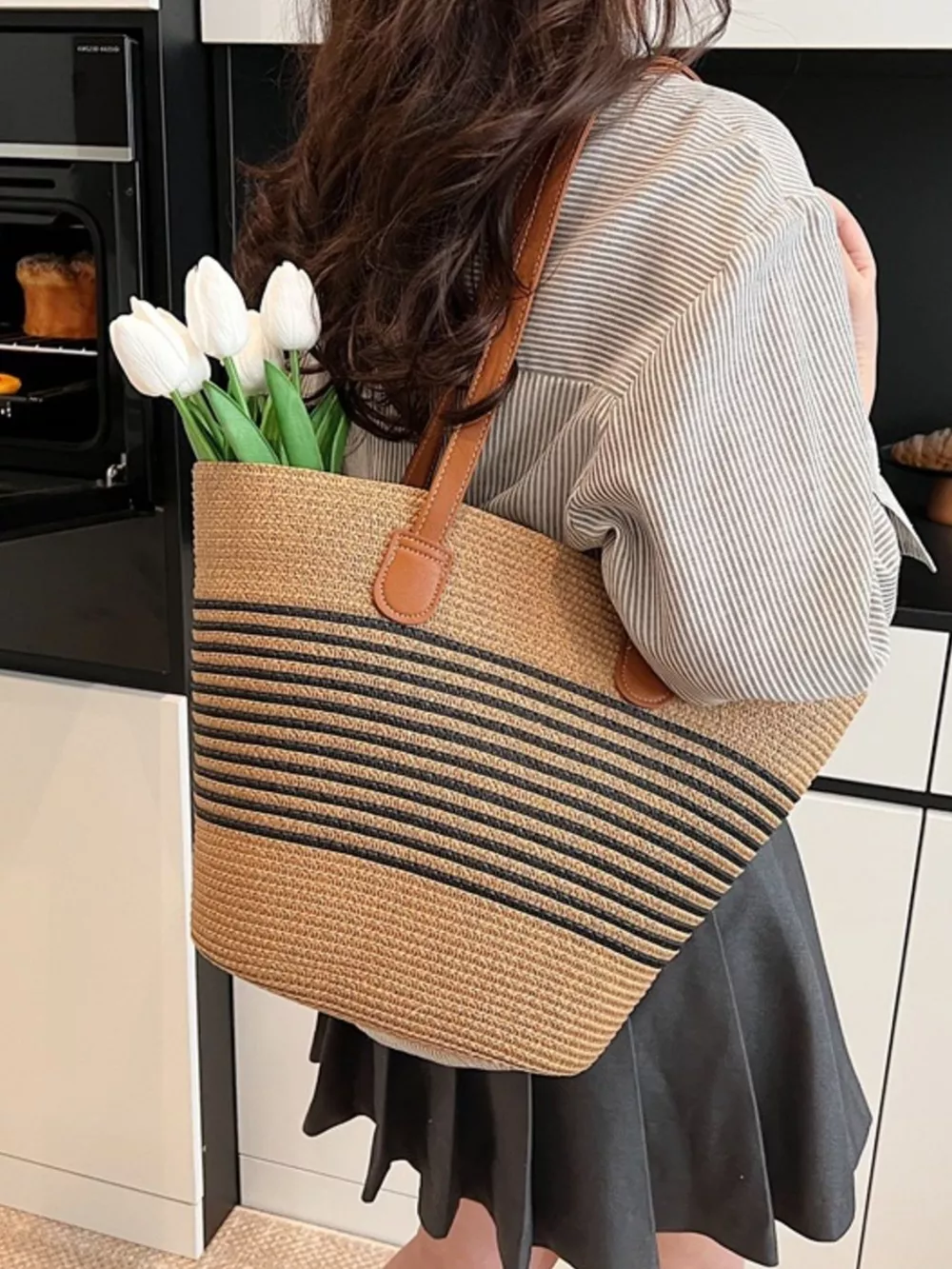 Striped Woven Straw Shoulder Bag, image 5