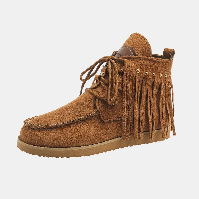 Fringe Studded Round Toe Canvas Boots, image 13