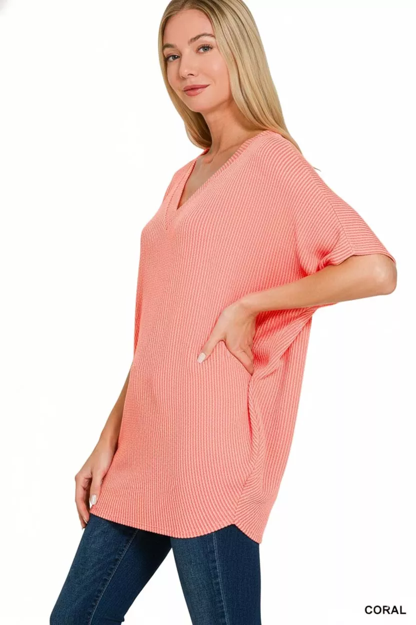 Raised Rib V-Neck Batwing Top, image 3