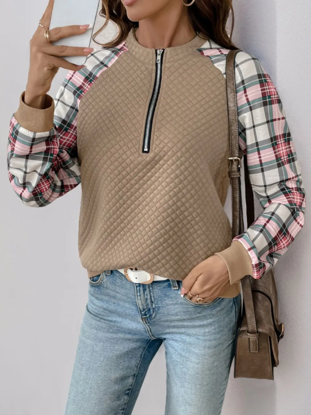 Plaid Half Zip Long Sleeve Texture Sweatshirt, image 7