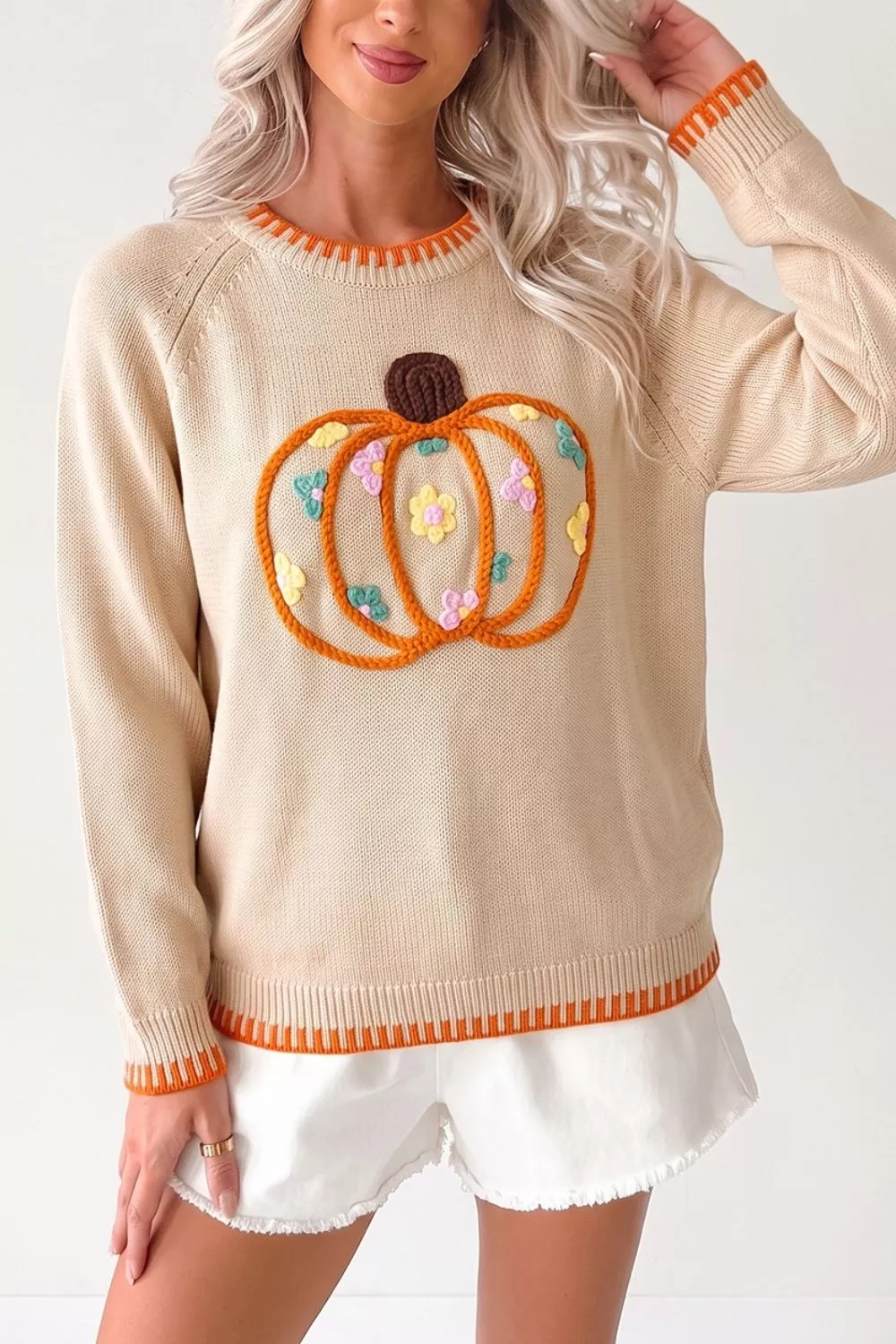 Floral Embroidery Pumpkin Long Sleeve Round Neck Sweater, image 2