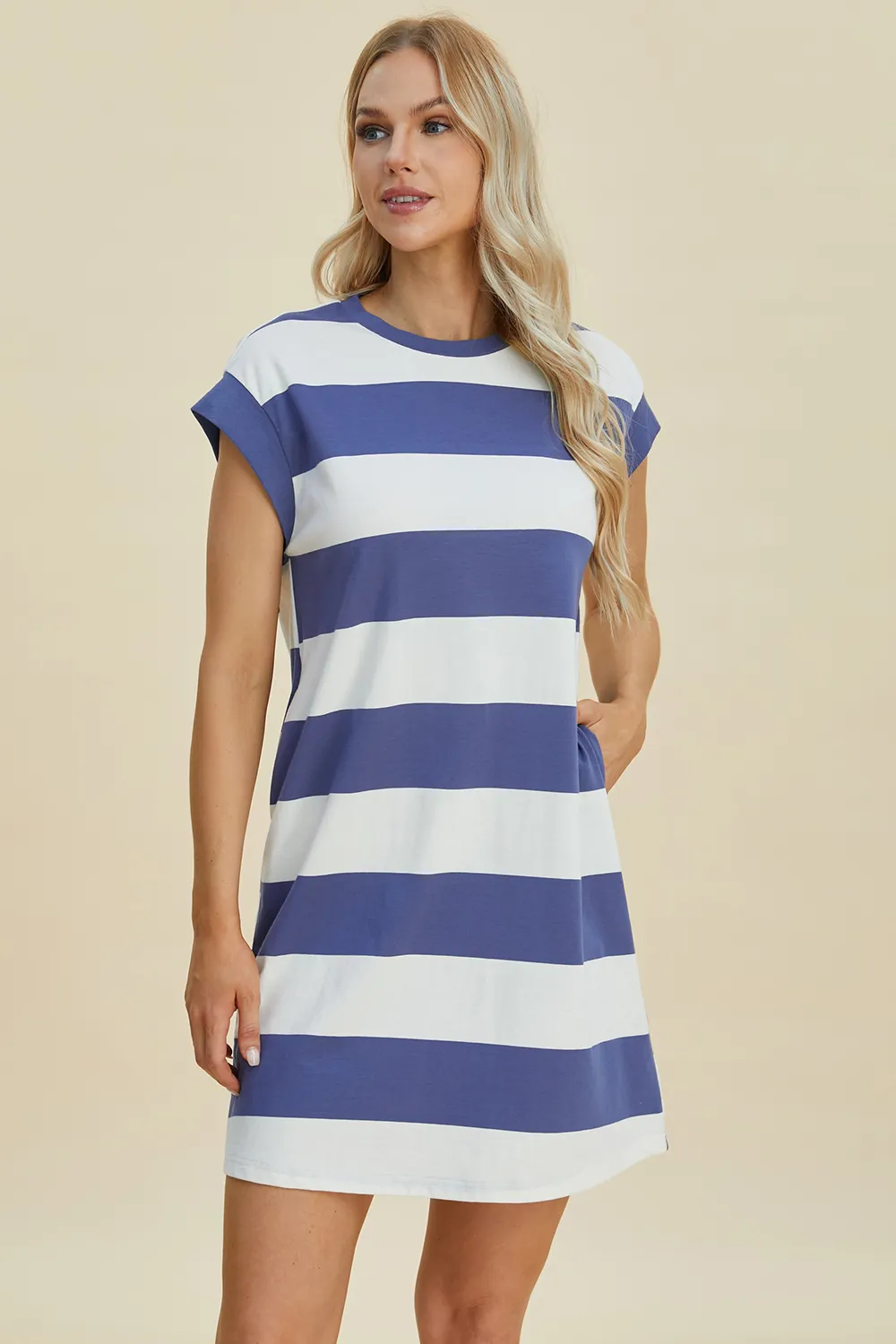 Full Size Striped Round Neck Cap Sleeve Mini Dress, image 20