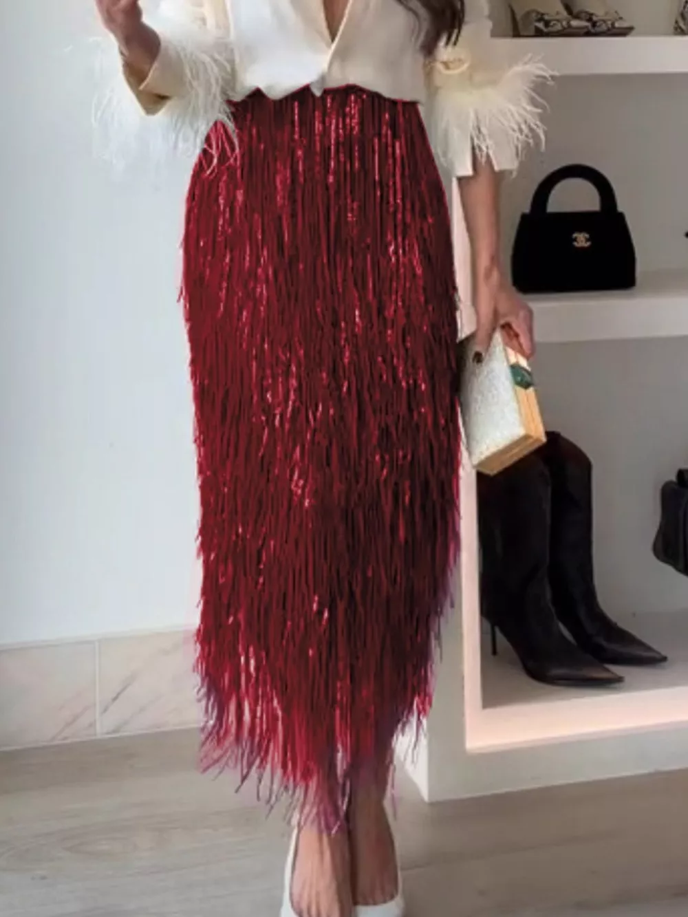 Fringe Long Sleeve Shirt & Skirt Set, image 9
