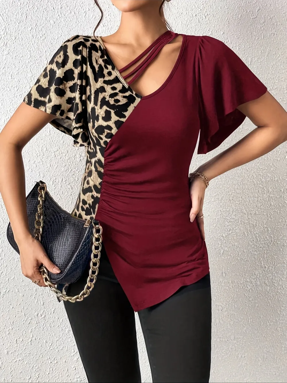 Ruched Leopard Flutter Sleeve T-Shirt, image 7