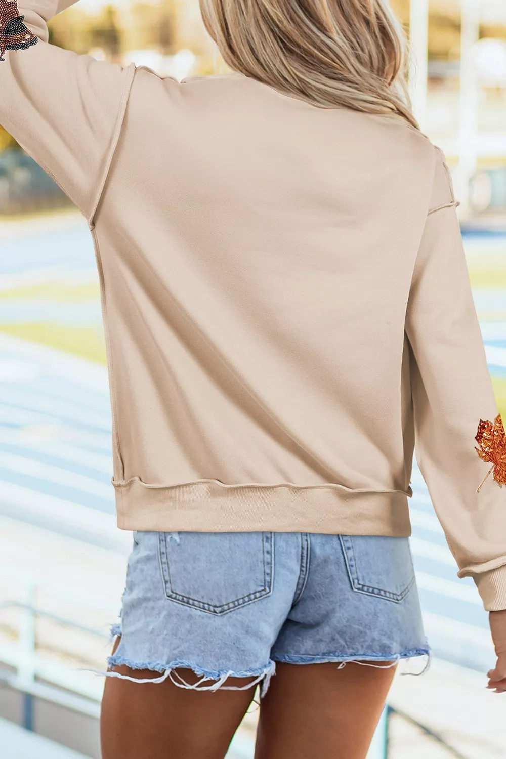 Sequin Turkey Leaf Graphic Exposed Seam Mock Neck Sweatshirt, image 2