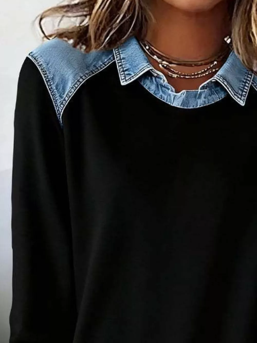 Full Size Denim Trim Long Sleeve Top Plus Size, image 8