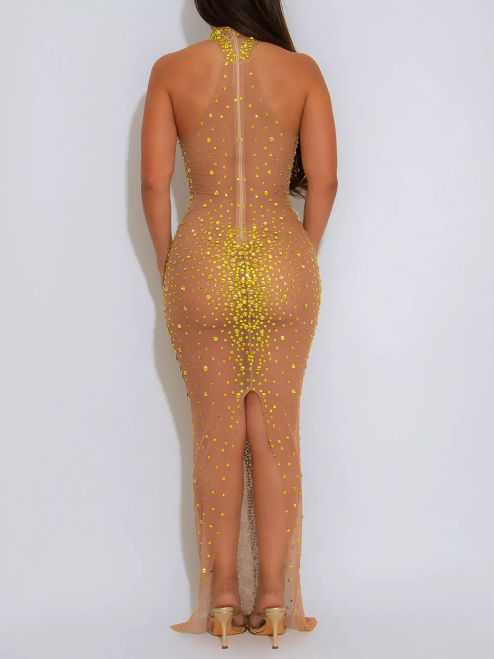 Rhinestone Embellished Mesh Dress with Back Slit